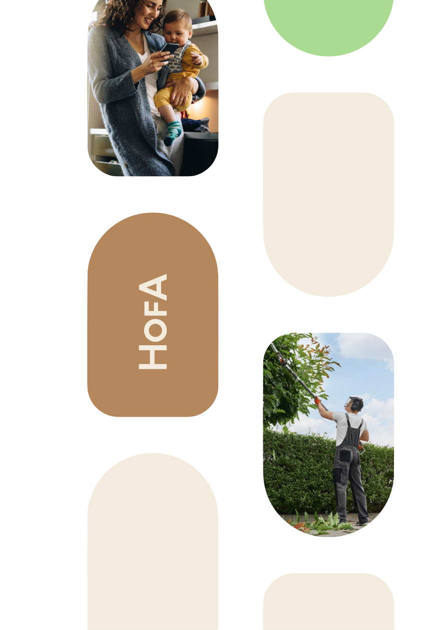 Window shapes filled with green, cream, and tan colors and two images, including a woman standing in a kitchen with natural light, holding her baby, and looking at a phone, and a man trimming a tree in a manicured yard.