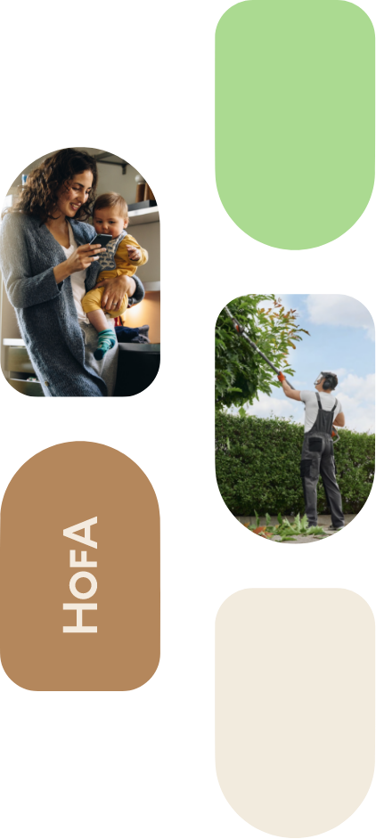 Window shapes filled with green, cream, and tan colors and two images, including a woman standing in a kitchen with natural light, holding her baby, and looking at a phone, and a man trimming a tree in a manicured yard.